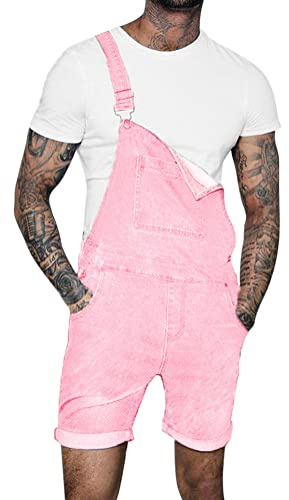 Oanviso Salopette Corta in Denim da Uomo Tinta Unita/Foro Strappato Jumpsuit con Cinturino Regolabile Multi-Tasche Casual Jeans Comodo Salopette Classico Vintage Abiti da Lavoro