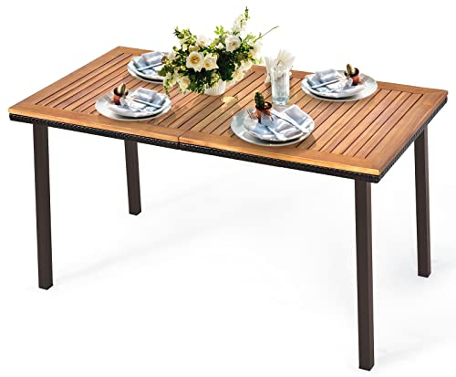 KOMFOTTEU Gartentisch mit Schirmloch, Esstisch aus Akazienholz, Holztisch mit Metallbeine, Terrassentisch für 6-8 Personen, 140 x 75 x 76 cm