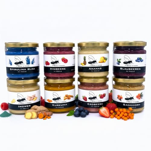 Gregas Imkerei 8er Schatzkisten Set – Honigsüßer Aufstrich aus Familienimkerei mit Früchten & anderen Spezialitäten wie Kurkuma, Ingwer & Spirulina Blau verfeinert – Probier- & Geschenkset | 8x 250g