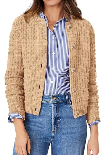 PRETTYGARDEN Women's Knit Cardigan Sweaters Casual Long Sleeve Open Front Button Down Trendy Jackets Outerwear (Khaki,Large)