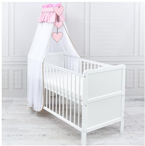 Generisch Baby Delux Babybett Himmel Betthimmel Chiffon Baldachin für Babybett Kinderbett Wiege Stubenwagen Himmelstange Applikationen Herz Deko (Karro Rosa, mit Himmelstange)