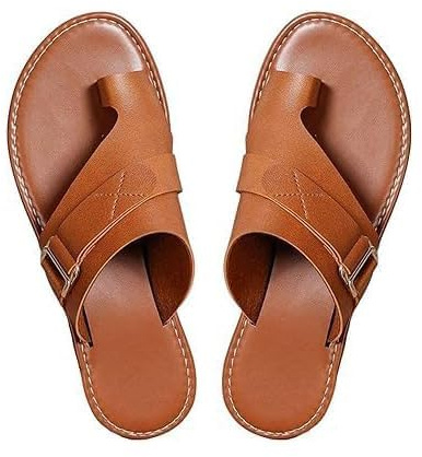 Leichte orthopädische Sandalen aus hochwertigem Leder, flache Ledersandalen für Damen mit offenem Zehenring und Schlaufenriemen (Brown,39)