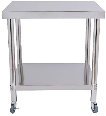 WooDerson Arbeitstisch Küche Mit Rollen, Tragfähigkeit 300kg, Küchenwagen Aus 201 Edelstahl, 76X60X85cm, Schwerlastregal 2 Ebenen, Dicke Der Tischplatte 5cm, Dicke des Edelstahlblechs 0,6cm