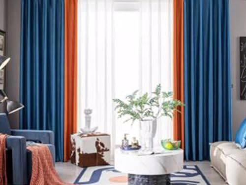 KnSam 2er Set Marineblau Orange Vorhang Motiv Blickdicht, Gardinen Wohnzimmer Patchwork Zweifarbig, Chenille Ösen Vorhänge Wohnzimmer Vintage Vorhang Schlafzimmer Modern, Jeder B 132 x H 214cm