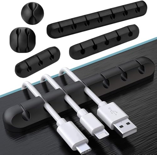 Briskee Cable Clips, Cable Holder Management Clips | 5 Pack Silicone Adhesive Wire Cord Anchor | Cable Tidy Organiser for Desk, Car, Charging Cables in Office and Home, Black (5 Slot (Pack of 5))