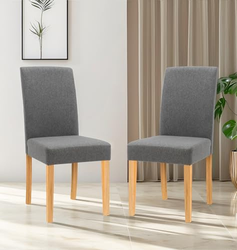 Hallowood Furniture Premium Linen Grey Fabric Dining Chairs Set of 2 with Solid Wooden Legs, Modern Straight Back Kitchen Chairs for Dining Room, Home, Restaurant and Café