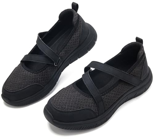 Womens Mary Jane Shoes Comfort Memory Foam Arch Support Orthopedic Shoes Ladies Trainers Casual Lightweight Hook and Loop Flats All Black UK 8