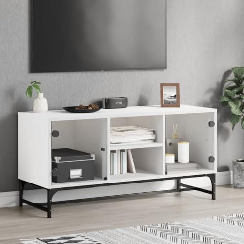 Homgoday TV-Schrank mit Türen aus weißem Glas, 102 x 37 x 50 cm, TV-Tisch, Wohnzimmer-Tisch, niedriger Schrank für industrielle Fernseher, TV-Ständer
