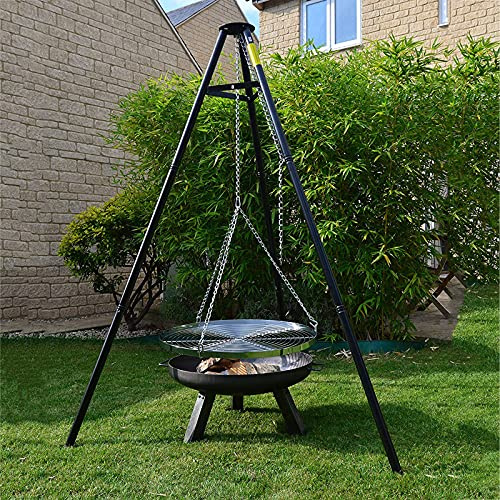 Focolare da Campeggio, con Treppiede Appendibile - Barbecue Portatile in Acciaio Inox e Griglia a Carbonella, per Cucinare sul Fuoco - Focolare Esterno e Riscaldatore da Giardino e Patio, con Supporto