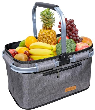 ABIUBIU 35L Einkaufskorb Großer Picknickkorb mit gepolsterten Griffen Praktischer Faltbarer Korb Einkaufstasche mit Aluminiumrahmen Stabiler Korb Reisen/Picknick/Einkaufen