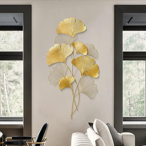 awolsrgiop Wanddekoration Ginkgo 3D Wandbild aus Metall, 55X110cm Wanddeko Gold Wanddekoration Wohnzimmer Wanddeko Blätter Wandverzierung Wandskulpturen, für Wohnhäuser Villenmodelle Hotelrestaurants