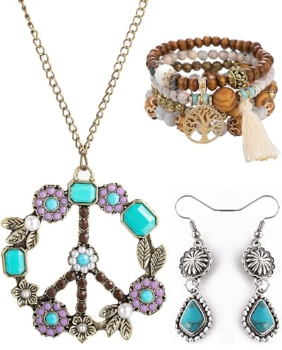CULEB Boho Holzperlen Armband+Hippie Halskette+Ohrringe, 7 Stück Boho Accessoires Damen, Baum des Lebens Charm Peace Zeichen