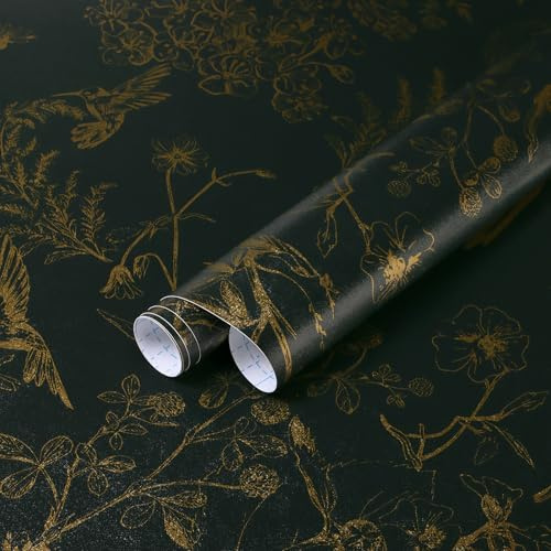 Yomshi Selbstklebende Tapete Blumen 44x600cm Grün Gold Wasserdicht Klebefolie Blumen Blätter Tapete Abnehmbar Vinyl Möbelfolie Vogeltapete für Schlafzimmer Wohnzimmer