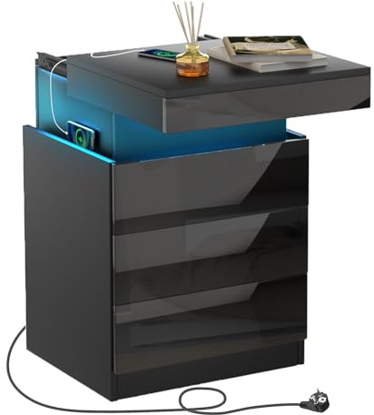 HaodaCulture Nachttisch mit Steckdose, Nachtschrank Schwarz Led, Einstellbare 16 Farben, 2 AC Steckdosen, 2 USB Anschlüsse, Nachtschrank Holz Beistelltisch für Schlafzimmer 45x40x67cm