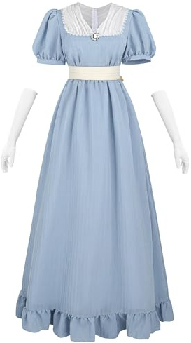 CR ROLECOS Vestido victoriano para mujer Regency con escote en V elegante de Jane Austen para bodas con guantes para vestidos de cóctel de noche, azul claro, M