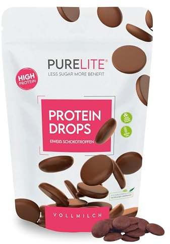 PURELITE Protein Drops milk chocolate vegetarian, High Protein 26g/100g, chocolate drops with no added sugar, erythritol & stevia, low calorie, for snacking, baking & melting, couverture, 450g.