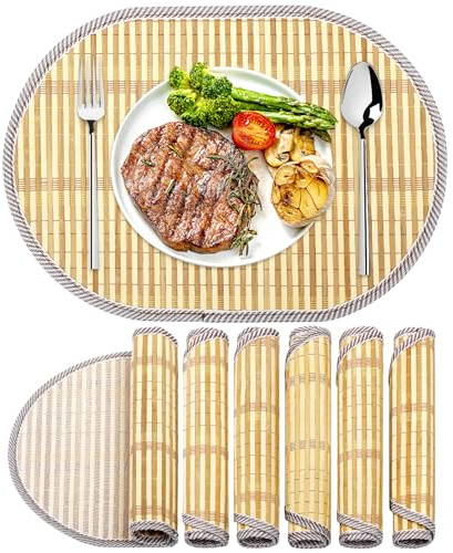 fanquare Oval bordstablett i japansk stil, set med 6, handvävda bambutyg kantbordsmattor, hållbara och robusta tvättbara bordsdekor för matsal och kök, brun