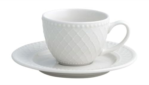 generico Set 6 Tazzine Caffè con Piattini in Porcellana Bianca decorata, 13x5,5 cm, Adatta al Microonde