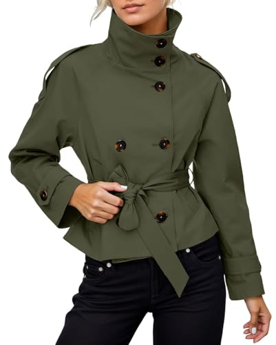 Generisch Trench coat pour femme - Veste courte à double boutonnage - Avec ceinture - Manteau court - Coupe-vent - Léger - Trench - Couleur unie - Veste d'automne - Veste décontractée de mi-saison