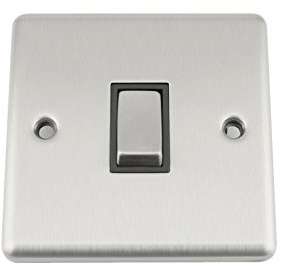 A5 Wall Light Switch Single 1 Gang Satin Brushed Chrome Classic - Black Insert - Metal Rocker Switches - 10A 1 Gang 2 Way