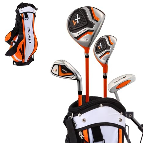 Precise X7 Junior Complete Kids Golf Clubs Set - Boys & Girls Right Handed Kids Golf Set w/ Driver, Hybrid, Irons, Putter, Stand Bag & Headcovers - Youth Golfing Clubs Sets for Ages 3-5 - Orange