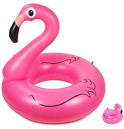 Olycism Aufblasbarer Flamingo Schwimmring mit Getränkehalter und Aufnäher Kit Flamingo Schwimmtier Schwimmreifen Wasser Strand Pool Party Spielzeug Wasserspielzeug für Kinder und Erwachsene