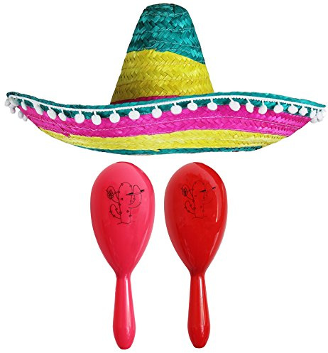 Mexikanisches Kostümzubehör-Set – Mexikanischer Sombrero mit Maracas – Mehrfarbig Pompom-Sombrero + rosa und rote Maracas