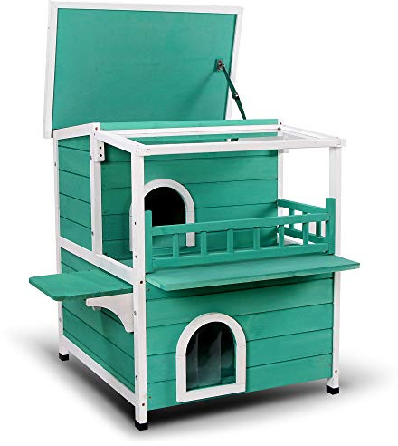 Lovupet 2-Story Wooden Outdoor/Indoor Luxurious Cat Shelter House Condo with Transparent PVC Canopy 6012-0509BL (Green)
