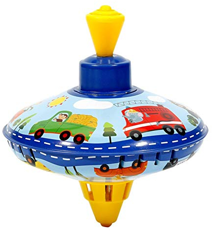 Herbests Brummkreisel 14 cm, Metall Kreisel, Schwungkreisel aus Blech, klassischer Pumpkreisel mit Auto Motiv, Blechkreisel mit Spitze, Spielzeugkreisel für Kinder ab 18 Monate