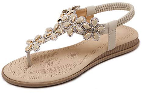 iCKER Women's Flat Sandals Ladies Thong Flat Sandals Bohemian Beaded Strap Sandals Diamante Rhinestone Leather Sandals, 5UK(label size 39), Apricot