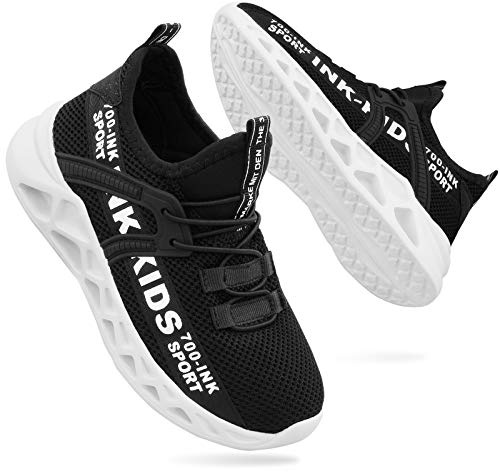 Pojkar och flickor träningsskor barn sneaker lätta utomhussportskor nät andningsbara pojkar löpning sport sportskor, Bläck svart vit, 34 EU