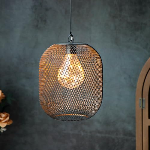 TRIROCKS Metall Batteridriven Hängande Lykt med 6-Timmars Timer, Mesh Cage Dekorativ Pendellampa med Varmt Fairy Lights Lampa för Hem, Vardagsrum, Trädgård, Utomhus (Svart)