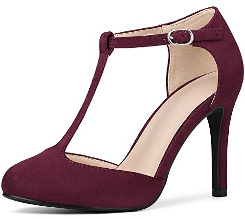 Perphy Escarpins Mary Jane à talon aiguille et bride en T pour femmes Bourgogne 38.5