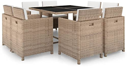 Gecheer 9-TLG. Gartenmöbel Set Garten Essgruppe mit Auflagen Polyrattan Sitzgruppe Terrassenmöbel Sitzgarnitur Gartengarnitur Lounge-Set aus Esstisch mit Glas-Tischplatte, Stühle und Hocker Beige