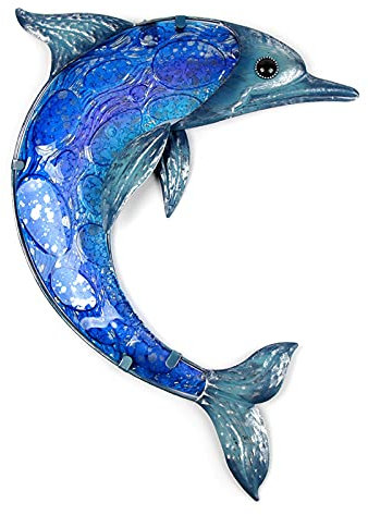 FAMoUsGoods Gartenstatuen Metall-Delphin-Wand-Kunstwerk mit Blauer Malerei-Glas for Gartendekoration im Freien Statuen und Skulpturen Dekorative Gartenskulptur
