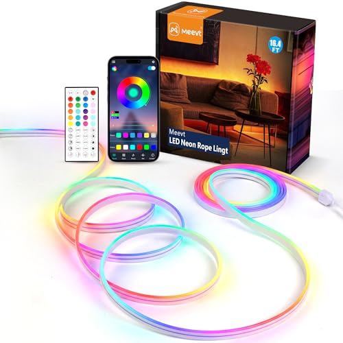 Meevt 5M Neon LED Streifen RGB, 24V LED Strip Seitlich Leuchtendes Design Silikon Lichtband, IP65 Wasserdicht Lichtschlauch für Outdoor Garten Wohnzimmer Gaming, Musik Sync App Fernbedienung