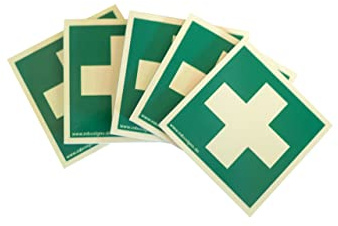 5 Stück – Erste-Hilfe-Schild langnachleuchtend Kunststoff selbstklebend nach ISO 7010 | 5x5cm Made in Germany