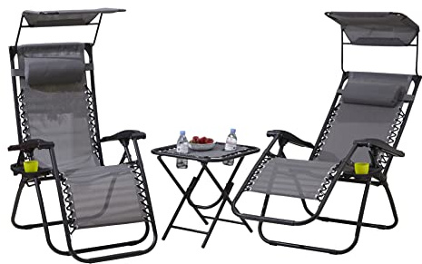Neo 3pcs Folding Portable Zero Gravity Chairs Sun Lounger Table Set Cup Holders Reclining Garden Patio Outdoor Camping (Grey)