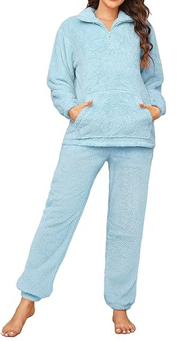 Tuopuda Pigiama Donna Invernale Pigiami Due Pezzi, Pigiama Pile da Casa con Tasche Zip Felpa Manica Lunga e Pantalone Lungo, Indumenti da Notte Sleepwear