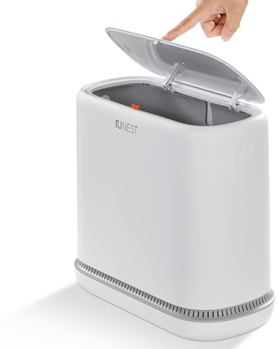 funest Bathroom Trash Can, 3.3 Gallon Slim Trash Can with Lid, Adsorption Garbage Can with Press-Top Lid, Small White Narrow Plastic Trash Bin for Bathroom, Office, Bedroom, Living Room
