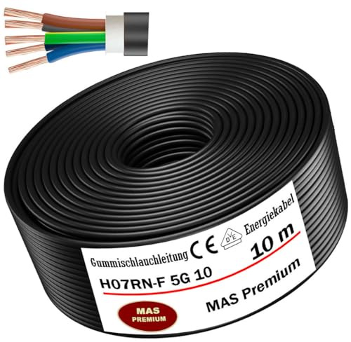 MAS Premium 5-100m Gummischlauchleitung Energiekabel Baustellenkabel H07RN-F 5G1,5, 2,5, 4, 6 oder 10 Flexibel Leitung mit Schutzleiter für schweren Geräten (H07RN-F 5G10 mm², 10 m)