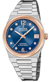 Festina Swiss Made Automatik Damen Armbanduhr Edelstahl 316L Silber - Saphirglas Hohe Widerstandsfähigkeit - Wasserdicht bis 10 ATM - Kalender F20031/2 - Automatic