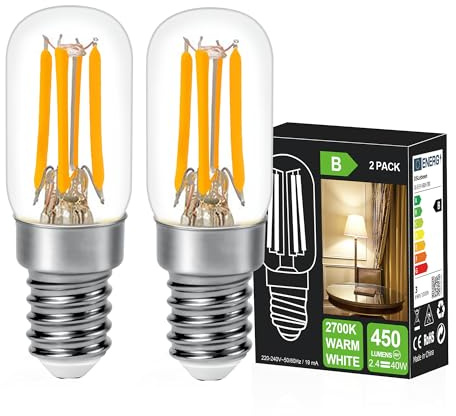 DSLebeen Lampadina LED E14 2700K Luce Calda Lampade LED frigorifero 2.4W Equivalenti a 40W,450Lumen Non Dimmerabile Per Lampadario di cristallo lampade di sale luci notturne Confezione da 2 Pezzi