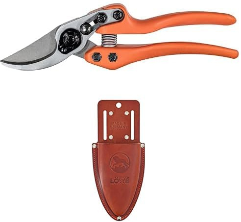 Original LÖWE Set bestehend aus Bypass Schere 11.107 für präzise Schnitte an Blumen, Zweigen oder Obtsbäumen & Leder Premium Holster 9809 mit Gürtel-Clip zur Aufbewahrung am Gürtel oder Hosentasche