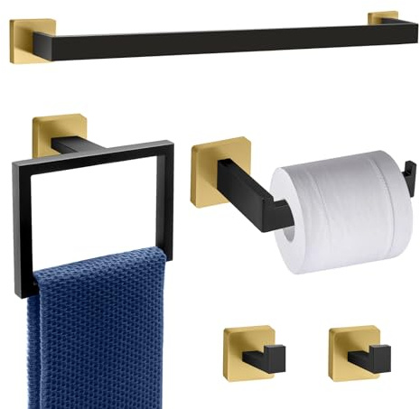 5 Piece Black and Gold Towel Bar Set - Gold and Black Bathroom Accessories with 2 Towel Hook, Stainless Steel Wall Mounted Bathroom Towel Rack Set - Square 16-Inch