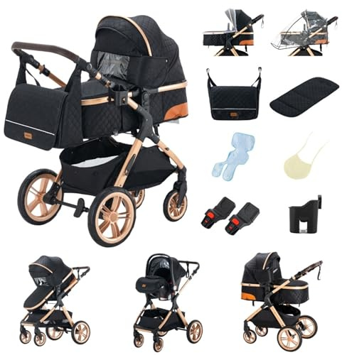 YAZOCO kinderwagen 3 in 1 Buggy Babybett Komplett Set Einem Klick Zusammenklappbarer Kinderwagen, KombiKinderwagen Aluminiumrahmen für Neugeborene