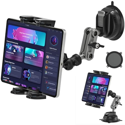 Aluminum Heavy Duty Tablet Mount for Car/Truck, 360° Adjustable 2-Stage Tablet Stand Holder for Commercial Vehicle Dashboard Windshield, Compatible with All 4.7-12.9 Tablets Cellphones