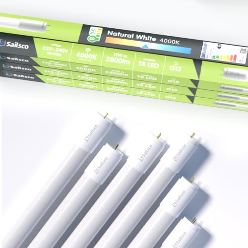 sailsco LED Röhre 120cm,Neutralweiß 4000K,2800LM,T8 G13-15W,6er-Pack | Energieeffizienzklasse B,Hohe Lichtausbeute,inklusive Starter,Ideal für Büro,Supermarkt,Lagerhalle