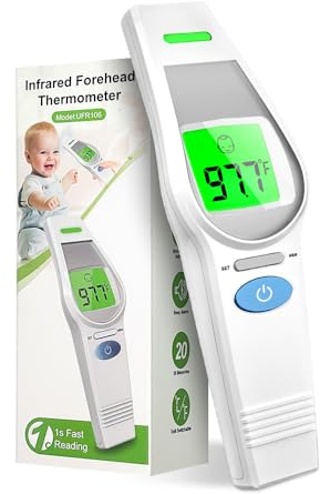 HealthTree Termómetro de frente sin contacto para niños adultos, una gran pantalla LCD retroiluminada, termómetros digitales para bebés, monitor de frente, alimentos adecuados para uso doméstico