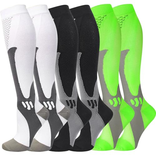 Kompressionssocken (3 Paar) für Männer Zirkulation 20-30mmHg Medizinische Kompressionsstrümpfe Frauen Stillen (Schwarz + Weiß + Grün, XXL)